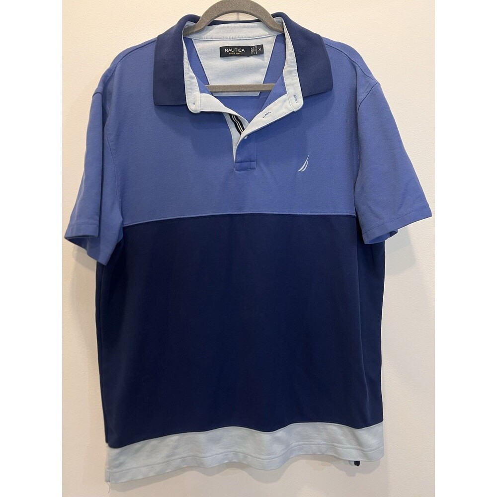 Nautica Striped Color Block Polo Shirt XL Short Sleeve Y2K Blue Navy Baby Blue